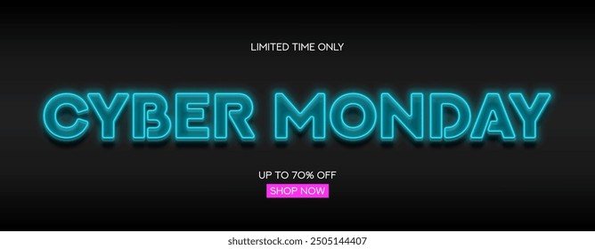 Cyber Monday Sale banner template. Bright glowing text symbol for decoration Cyber Monday sale. Blue neon Cyber Monday signboard for seasonal sales, advertising and social media.