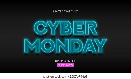 Cyber Monday Sale banner template. Bright glowing text symbol for decoration Cyber Monday sale. Blue neon Cyber Monday signboard for seasonal sales, advertising and social media.