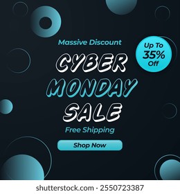 Plantilla de Anuncio de venta de Cyber Monday para anuncios, Web y redes sociales. Ilustración vectorial. Descuento masivo. Hasta un 35% de descuento. Compra ahora. 35% de descuento. Envío gratis. 35% de descuento.