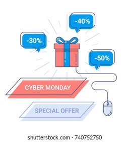 Cyber monday sale banner template. Special offer 30%, 40% 50% off. Computer mouse and gift colorful line icons. Online shopping vector illustration in flat style. 