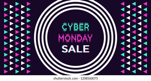 Cyber Monday Sale, Banner. Vector illustration of Cyber Monday billboard with border of concentric circles and triangles, holiday poster. Dark background, white turquoise and purple elements