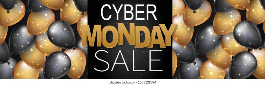Cyber Monday Sale banner or website header. Big discount of the year design concept with shiny helium baloons. Realistic vector illustration.