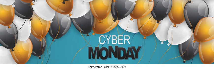 Cyber Monday sale banner. Website or newsletter header. Special offer discount.Lettering on blue background with balloons. Vector illustration.