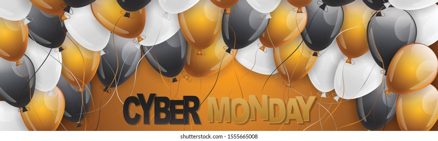 Cyber Monday Sale banner or website header. Big discount of the year design concept with shiny helium balloons, typography text, and colorful confetti. Vector illustration.