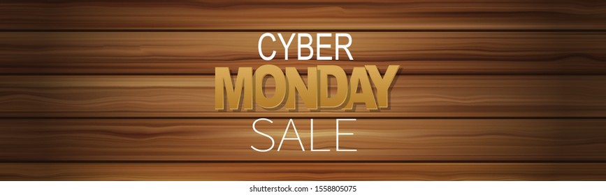 Cyber Monday sale banner. Website or newsletter header. Special offer discount. Wooden background. Vector illustration.