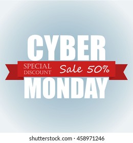 Cyber Monday sale banner, white font with red ribbon.