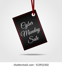 Cyber Monday Sale Banners. Advertising poster dedicated to Cyber Monday. Mad sales, discounts rabid, large discount. Big sale. Best sale. Isolated black rectangular tag with rope and labeled Monday