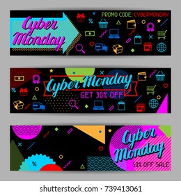 Cyber monday sale banners. Online shopping and marketing advertising concept.