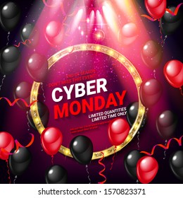 Cyber monday Sale. Beautiful background with text, black balls on an dark pink background. Template for advertising posters, banners, flyers, leaflets, cards. Vector illustration.
