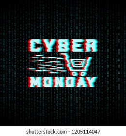 Cyber Monday sale. Binary code background. Distorted letters. Glitch effect. Design for banners, flyers, cards and web. Vector illustration.