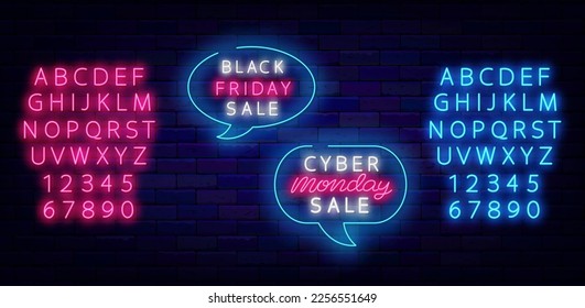 Venta de ciberlunes y etiquetas de neón de viernes negro en la nube de pensamiento. Alfabeto rosa brillante y azul. Emblema luminoso. Logo brillante. Concepto de compras en la pared de ladrillos. Ilustración de material vectorial