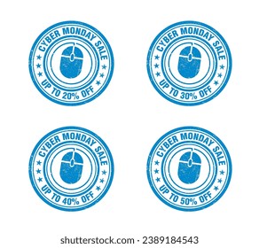 Cyber monday sale, blue grunge stamp set. Sale 20, 30, 40, 50 percent off. Vector illustration