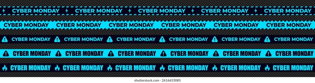 Cyber Monday Sale Blue Warning Tapes Set On Transparent Background. Perfect For Online Shopping Promotions, Discounts, Marketing Design Elements. Vector Illustration.