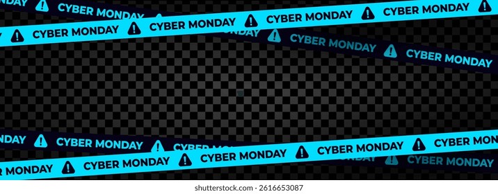 Cyber Monday Sale Blue Warning Tape On Transparent Background. Perfect For Online Shopping Promotion, Discount Advertising, Social Media, And E-Commerce Marketing Design. Vector Illustration.