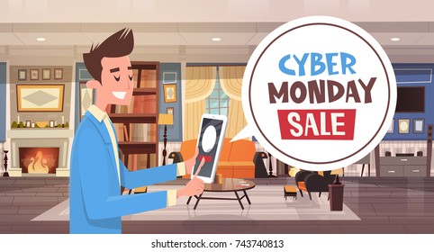 Cyber Monday Sale Chat Bubble Message From Guy Using Digital Tablet Holiday Discounts Banner Design Vector Illustration