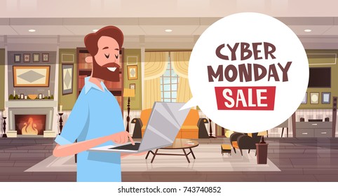 Cyber Monday Sale Chat Bubble Over Man Sitting At Computer Desktop Holiday Discounts Banner Design Vector Illustration