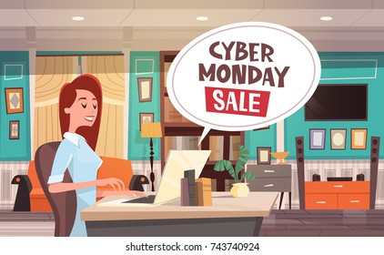 Cyber Monday Sale Chat Bubble Over Woman Using Laptop Computer Holiday Discounts Banner Design Vector Illustration