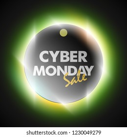 Cyber monday sale circle banner. Text letter cyber monday sale round poster. Advertising design illustration. Shine cyber monday sale lettering banner. Seasonal holidays discounts radiance promo offer
