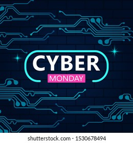 Cyber monday sale with circuit board background. Promotional online sale event. vector illustration