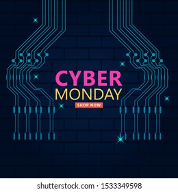 Cyber monday sale with circuit board background. Promotional online sale event. vector illustration