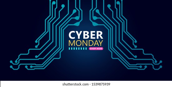 Cyber monday sale with circuit board background. Promotional online sale event.