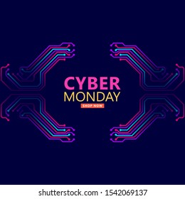 Cyber monday sale with circuit board background. Vector illustration 