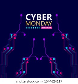 Cyber monday sale with circuit board background. Vector illustration