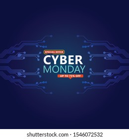 Cyber monday sale with circuit board background. Modern design.Vector illustration