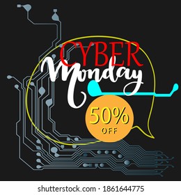 Cyber monday sale with circuit board background. Promotional online sale event. vector illustration