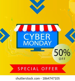 Cyber monday sale with circuit board background. Promotional online sale event. vector