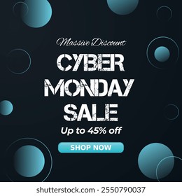 Cyber Monday Sale. Kommerzieller Hintergrund für Cyber Monday Online-Rabatt-Shopping-Promotion und Werbung. Bis zu 45 % Rabatt. Massiver Rabatt. 45 % Rabatt. Jetzt einkaufen.