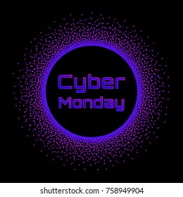 Cyber Monday Sale concept banner. Vector graphic design template in trendy colors, bright pink, blue, purple. Fashionable neon style illustration. Text signage in round border with halftone dots burst