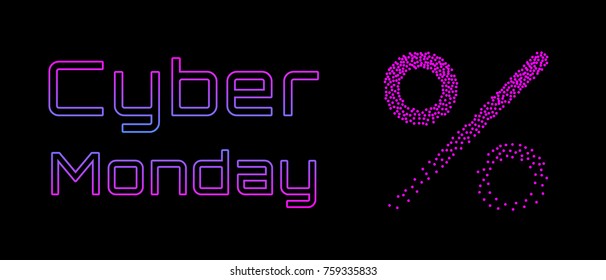 Cyber Monday Sale concept banner. Vector graphic design template in bright colors, pink and blue. 1980s - 1990s fashion style illustration. Futuristic text with fading halftone dotted percentage sign 