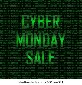 Cyber monday sale concept with binary green code on black background. Vector stock illustration for discount offer, online shopping, digital merchandise.