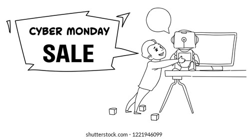 cyber monday sale concept boy hold modern robot futuristic artificial intelligence technology concept chat bubble sketch doodle horizontal vector illustration