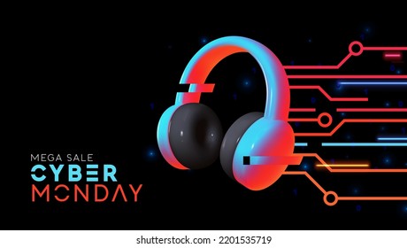 Cyber Monday Sale Concept. Hi-tech background kinetic energy glowing neon blue light effect with realistic 3d modern music headphones. Web Banner, Holiday promo poster. Vector illustration