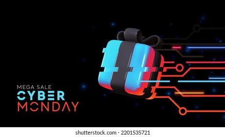 Cyber Monday Sale Concept. Hi-tech background kinetic energy glowing neon blue light effect with realistic 3d icon modern square gift box. Data Web Banner, Holiday promo poster. Vector illustration