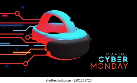 Cyber Monday Sale Concept. Hi-tech background kinetic energy glowing neon blue light effect with realistic 3d modern virtual reality goggles. Web Banner, Holiday promo poster. Vector illustration