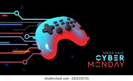 Cyber Monday Sale Concept. Hi-tech background kinetic energy glowing neon blue light effect with realistic 3d modern game controller. Web Banner, Holiday promo poster. Vector illustration