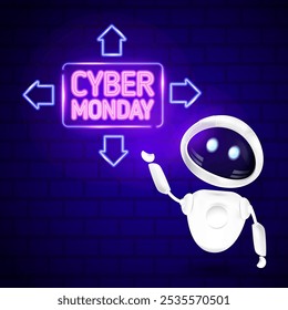 Cyber Monday Sale creative banner illustration with glowing neon signboard and cute robot chat bot. Design for advertising,web,promotions. Cyber Monday signboard sales with neon light.Vector