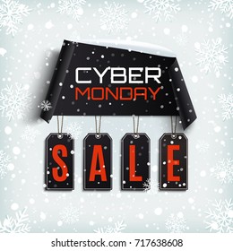 Cyber monday sale. Curved paper banner with black price tags on winter background with snow and snowflakes. Vector illustration.