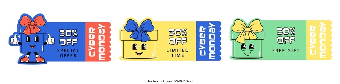 Cyber monday and sale. Cute character gift box with a face. Set of design for voucher, ticket and coupon for kids clothes, shoes, toys and stationery. White background. Groovy Vector