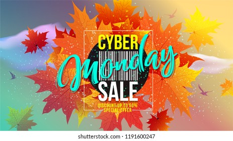 Cyber Monday Sale Deals Design Template. Autumn lettering. Bright fall leaves Vector Illustration easy editable for cover, poster, banner for store display. Mega autumn sale discount 50% special offer