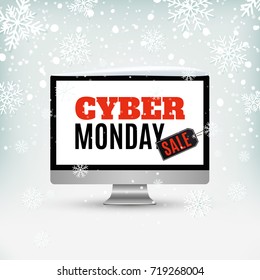 Cyber Monday sale design. Background with computer monitor and price tag, winter background with snow and snowflakes. Vector illustration.
