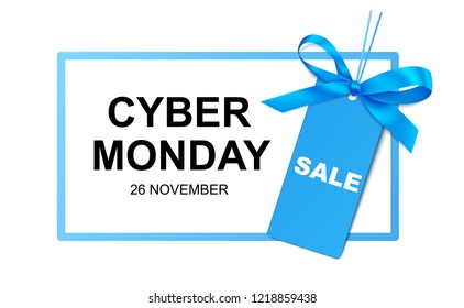 Cyber monday sale design template. Vector frame with blue price tag and decorative bow. Vector illustration.