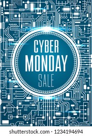 Cyber Monday Sale Design Template. Futuristic Chipset Technology Background. Blue Cybermonday Banner. Vector Illustration.