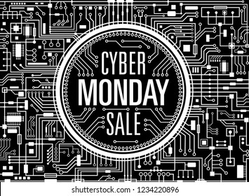 Cyber Monday Sale Design Template. Futuristic Technology Background. Black Cybermonday Horizontal Banner. Vector Illustration.