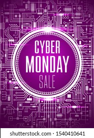 Cyber Monday Sale Design Template. Futuristic Chipset Technology Background. Purple Cybermonday Banner. Vector Illustration.