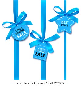 
Cyber monday sale design template. Blue bow with price tag. Vector illustration