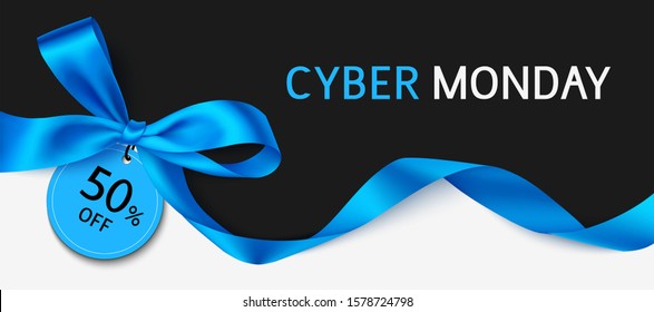 Cyber monday sale design template. Black banner with blue bow and long ribbon. Vector illustration